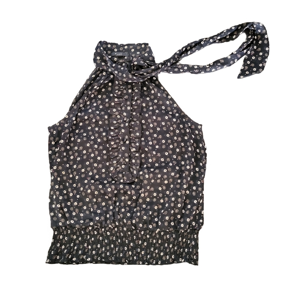 XXI FOREVER 21 Y2K Floral Halter Tie-Neck Blouse Size M Smock Waist